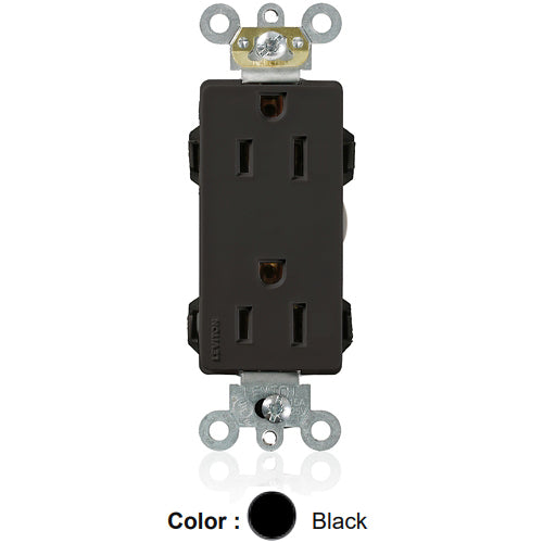 Leviton M1626-E, Lev-Lok Decora Plus Straight Blade Duplex Receptacle, Heavy-Duty Industrial Specification Grade, Smooth Face, 15A 125V, NEMA 5-15R, 2-Pole, 3-Wire, Modular Terminals, Black