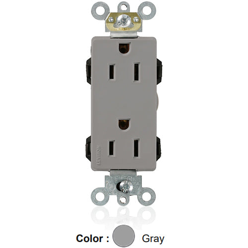 Leviton M1626-GY, Lev-Lok Decora Plus Straight Blade Duplex Receptacle, Heavy-Duty Industrial Specification Grade, Smooth Face, 15A 125V, NEMA 5-15R, 2-Pole, 3-Wire, Modular Terminals, Gray