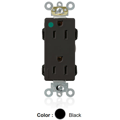 Leviton M1626-HGE, Lev-Lok Decora Plus Straight Blade Duplex Receptacle, Extra Heavy-Duty Hospital Grade, Smooth Face, 15A 125V, NEMA 5-15R, 2-Pole, 3-Wire, Modular Terminals, Black