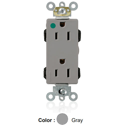 Leviton M1626-HGG, Lev-Lok Decora Plus Straight Blade Duplex Receptacle, Extra Heavy-Duty Hospital Grade, Smooth Face, 15A 125V, NEMA 5-15R, 2-Pole, 3-Wire, Modular Terminals, Gray