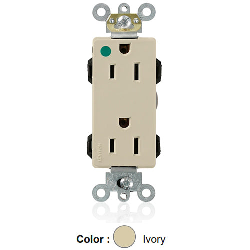 Leviton M1626-HGI, Lev-Lok Decora Plus Straight Blade Duplex Receptacle, Extra Heavy-Duty Hospital Grade, Smooth Face, 15A 125V, NEMA 5-15R, 2-Pole, 3-Wire, Modular Terminals, Ivory