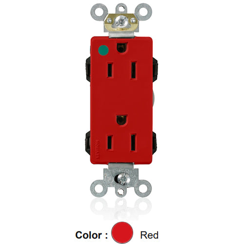 Leviton M1626-HGR, Lev-Lok Decora Plus Straight Blade Duplex Receptacle, Extra Heavy-Duty Hospital Grade, Smooth Face, 15A 125V, NEMA 5-15R, 2-Pole, 3-Wire, Modular Terminals, Red