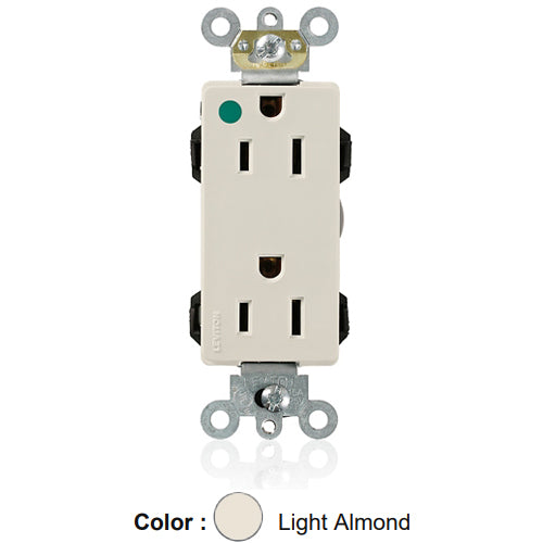 Leviton M1626-HGT, Lev-Lok Decora Plus Straight Blade Duplex Receptacle, Extra Heavy-Duty Hospital Grade, Smooth Face, 15A 125V, NEMA 5-15R, 2-Pole, 3-Wire, Modular Terminals, Light Almond