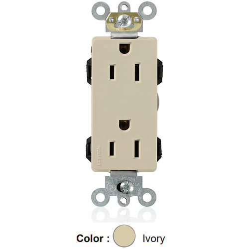 Leviton M1626-I, Lev-Lok Decora Plus Straight Blade Duplex Receptacle, Heavy-Duty Industrial Specification Grade, Smooth Face, 15A 125V, NEMA 5-15R, 2-Pole, 3-Wire, Modular Terminals, Ivory