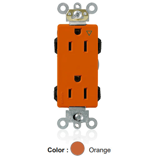 Leviton M1626-IG, Lev-Lok Decora Plus Straight Blade Duplex Receptacle, Heavy-Duty Industrial Specification Grade, Isolated Ground, Smooth Face, 15A 125V, NEMA 5-15R, 2-Pole, 3-Wire, Modular Terminals, Orange