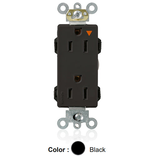 Leviton M1626-IGE, Lev-Lok Decora Plus Straight Blade Duplex Receptacle, Heavy-Duty Industrial Specification Grade, Isolated Ground, Smooth Face, 15A 125V, NEMA 5-15R, 2-Pole, 3-Wire, Modular Terminals, Black