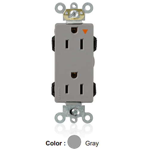 Leviton M1626-IGG, Lev-Lok Decora Plus Straight Blade Duplex Receptacle, Heavy-Duty Industrial Specification Grade, Isolated Ground, Smooth Face, 15A 125V, NEMA 5-15R, 2-Pole, 3-Wire, Modular Terminals, Gray