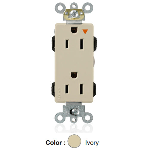 Leviton M1626-IGI, Lev-Lok Decora Plus Straight Blade Duplex Receptacle, Heavy-Duty Industrial Specification Grade, Isolated Ground, Smooth Face, 15A 125V, NEMA 5-15R, 2-Pole, 3-Wire, Modular Terminals, Ivory