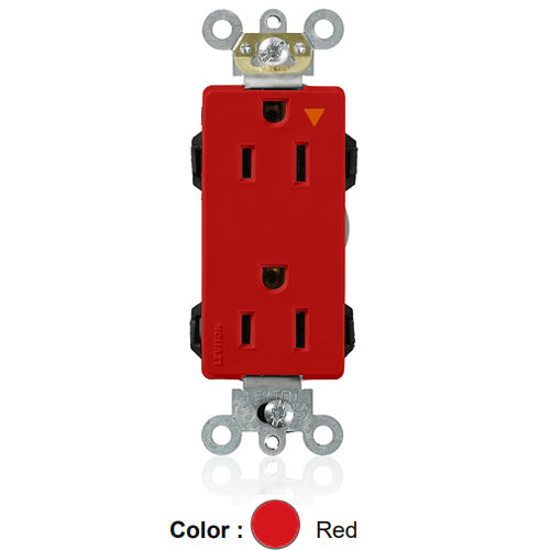 Leviton M1626-IGR, Lev-Lok Decora Plus Straight Blade Duplex Receptacle, Heavy-Duty Industrial Specification Grade, Isolated Ground, Smooth Face, 15A 125V, NEMA 5-15R, 2-Pole, 3-Wire, Modular Terminals, Red