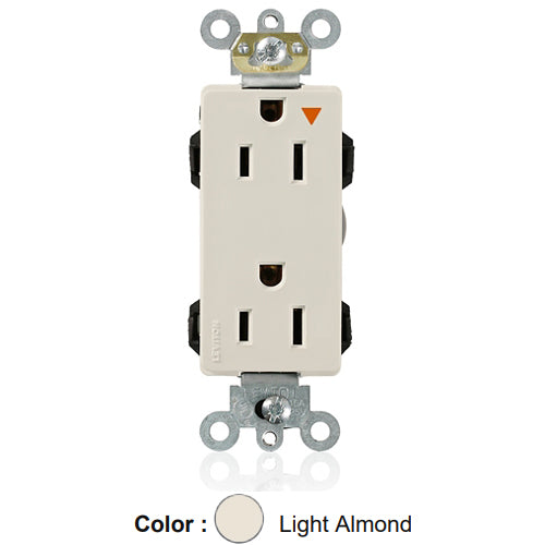 Leviton M1626-IGT, Lev-Lok Decora Plus Straight Blade Duplex Receptacle, Heavy-Duty Industrial Specification Grade, Isolated Ground, Smooth Face, 15A 125V, NEMA 5-15R, 2-Pole, 3-Wire, Modular Terminals, Light Almond