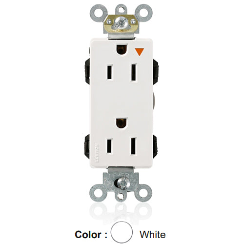 Leviton M1626-IGW, Lev-Lok Decora Plus Straight Blade Duplex Receptacle, Heavy-Duty Industrial Specification Grade, Isolated Ground, Smooth Face, 15A 125V, NEMA 5-15R, 2-Pole, 3-Wire, Modular Terminals, White