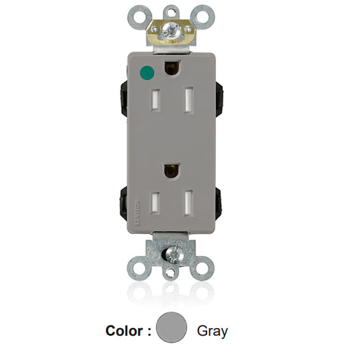Leviton M1626-ILG, Lev-Lok Decora Plus Straight Blade Duplex Receptacle, Extra Heavy-Duty Hospital Grade, Illuminated, Smooth Face, 15A 125V, NEMA 5-15R, 2-Pole, 3-Wire, Modular Terminals, Gray