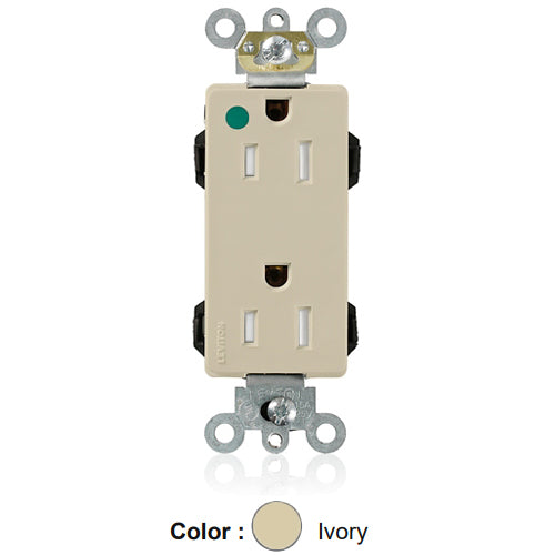 Leviton M1626-ILI, Lev-Lok Decora Plus Straight Blade Duplex Receptacle, Extra Heavy-Duty Hospital Grade, Illuminated, Smooth Face, 15A 125V, NEMA 5-15R, 2-Pole, 3-Wire, Modular Terminals, Ivory