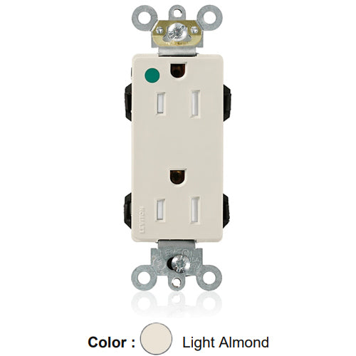 Leviton M1626-ILT, Lev-Lok Decora Plus Straight Blade Duplex Receptacle, Extra Heavy-Duty Hospital Grade, Illuminated, Smooth Face, 15A 125V, NEMA 5-15R, 2-Pole, 3-Wire, Modular Terminals, Light Almond