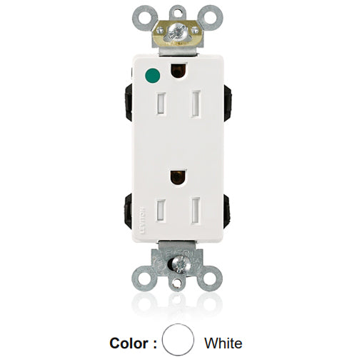 Leviton M1626-ILW, Lev-Lok Decora Plus Straight Blade Duplex Receptacle, Extra Heavy-Duty Hospital Grade, Illuminated, Smooth Face, 15A 125V, NEMA 5-15R, 2-Pole, 3-Wire, Modular Terminals, White