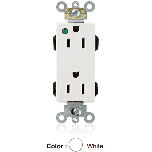 Leviton M1626-PLW, Lev-Lok Decora Plus Straight Blade Duplex Receptacle, Extra Heavy-Duty Hospital Grade, Power Indication, Smooth Face, 15A 125V, NEMA 5-15R, 2-Pole, 3-Wire, Modular Terminals, White