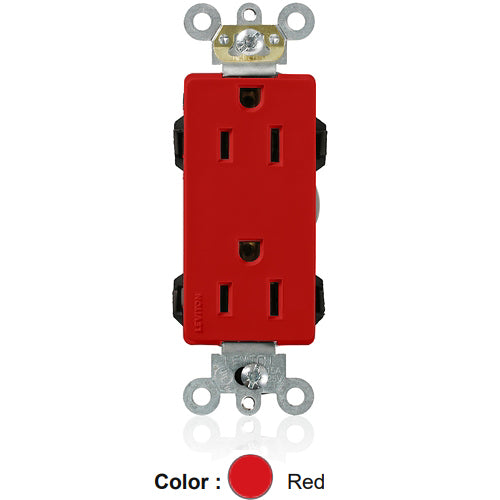 Leviton M1626-R, Lev-Lok Decora Plus Straight Blade Duplex Receptacle, Heavy-Duty Industrial Specification Grade, Smooth Face, 15A 125V, NEMA 5-15R, 2-Pole, 3-Wire, Modular Terminals, Red