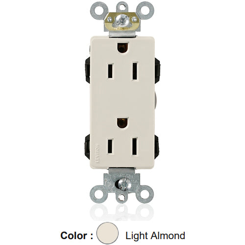 Leviton M1626-T, Lev-Lok Decora Plus Straight Blade Duplex Receptacle, Heavy-Duty Industrial Specification Grade, Smooth Face, 15A 125V, NEMA 5-15R, 2-Pole, 3-Wire, Modular Terminals, Light Almond