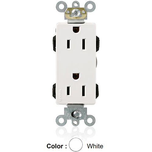 Leviton M1626-W, Lev-Lok Decora Plus Straight Blade Duplex Receptacle, Heavy-Duty Industrial Specification Grade, Smooth Face, 15A 125V, NEMA 5-15R, 2-Pole, 3-Wire, Modular Terminals, White
