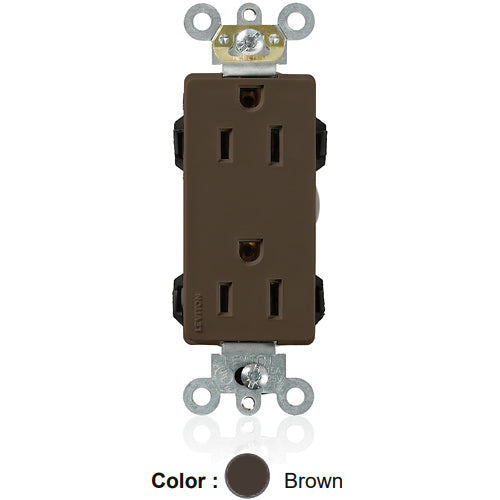 Leviton M1626, Lev-Lok Decora Plus Straight Blade Duplex Receptacle, Heavy-Duty Industrial Specification Grade, Smooth Face, 15A 125V, NEMA 5-15R, 2-Pole, 3-Wire, Modular Terminals, Brown