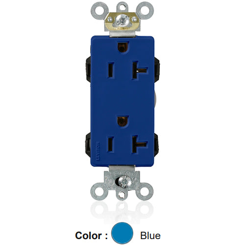 Leviton M1636-B, Lev-Lok Decora Plus Straight Blade Duplex Receptacle, Heavy-Duty Industrial Specification Grade, Smooth Face, 20A 125V, NEMA 5-20R, 2-Pole, 3-Wire, Modular Terminals, Blue