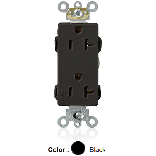 Leviton M1636-E, Lev-Lok Decora Plus Straight Blade Duplex Receptacle, Heavy-Duty Industrial Specification Grade, Smooth Face, 20A 125V, NEMA 5-20R, 2-Pole, 3-Wire, Modular Terminals, Black