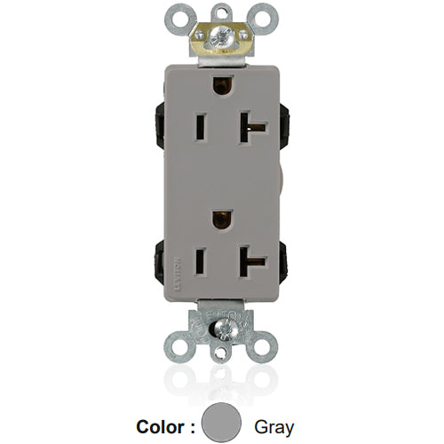 Leviton M1636-GY, Lev-Lok Decora Plus Straight Blade Duplex Receptacle, Heavy-Duty Industrial Specification Grade, Smooth Face, 20A 125V, NEMA 5-20R, 2-Pole, 3-Wire, Modular Terminals, Gray