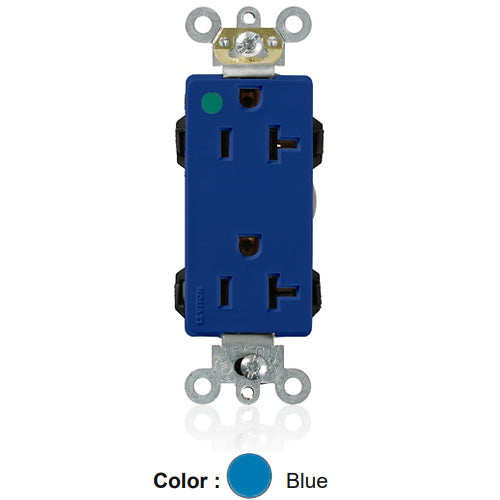 Leviton M1636-HGB, Lev-Lok Decora Plus Straight Blade Duplex Receptacle, Extra Heavy-Duty Hospital Grade, Smooth Face, 20A 125V, NEMA 5-20R, 2-Pole, 3-Wire, Modular Terminals, Blue