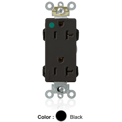 Leviton M1636-HGE, Lev-Lok Decora Plus Straight Blade Duplex Receptacle, Extra Heavy-Duty Hospital Grade, Smooth Face, 20A 125V, NEMA 5-20R, 2-Pole, 3-Wire, Modular Terminals, Black