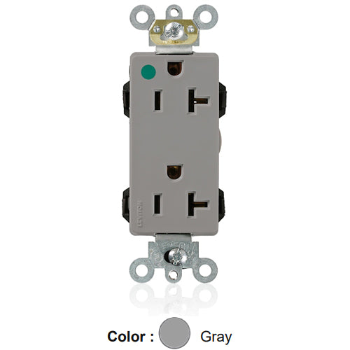 Leviton M1636-HGG, Lev-Lok Decora Plus Straight Blade Duplex Receptacle, Extra Heavy-Duty Hospital Grade, Smooth Face, 20A 125V, NEMA 5-20R, 2-Pole, 3-Wire, Modular Terminals, Gray