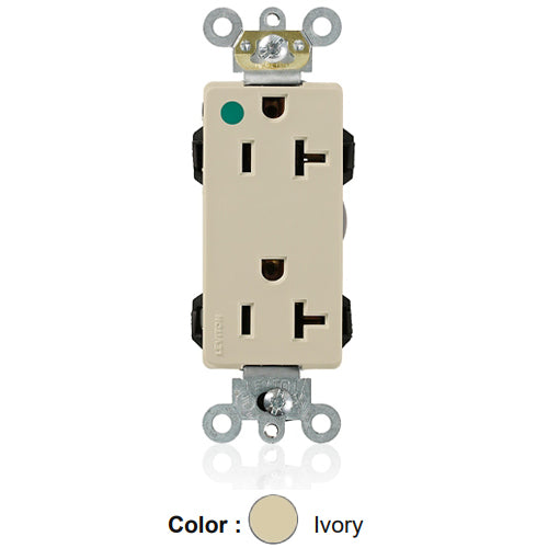 Leviton M1636-HGI, Lev-Lok Decora Plus Straight Blade Duplex Receptacle, Extra Heavy-Duty Hospital Grade, Smooth Face, 20A 125V, NEMA 5-20R, 2-Pole, 3-Wire, Modular Terminals, Ivory