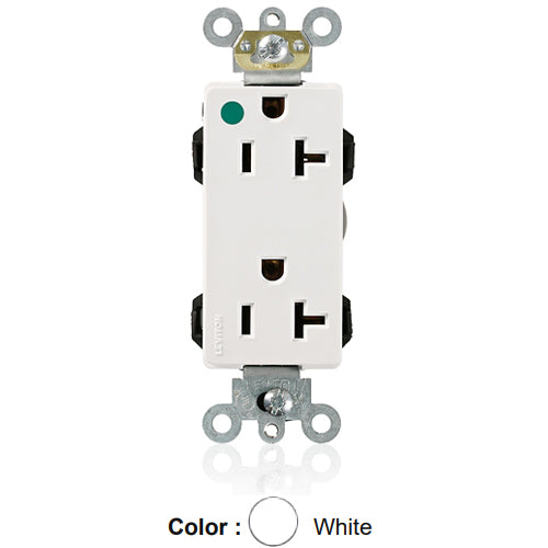 Leviton M1636-HGW, Lev-Lok Decora Plus Straight Blade Duplex Receptacle, Extra Heavy-Duty Hospital Grade, Smooth Face, 20A 125V, NEMA 5-20R, 2-Pole, 3-Wire, Modular Terminals, White