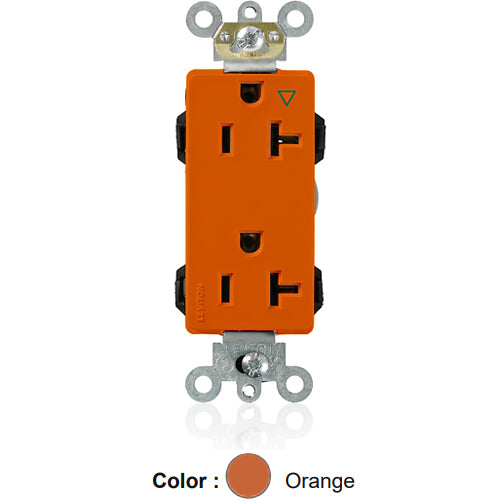 Leviton M1636-IG, Lev-Lok Decora Plus Straight Blade Duplex Receptacle, Heavy-Duty Industrial Specification Grade, Isolated Ground, Smooth Face, 20A 125V, NEMA 5-20R, 2-Pole, 3-Wire, Modular Terminals, Orange