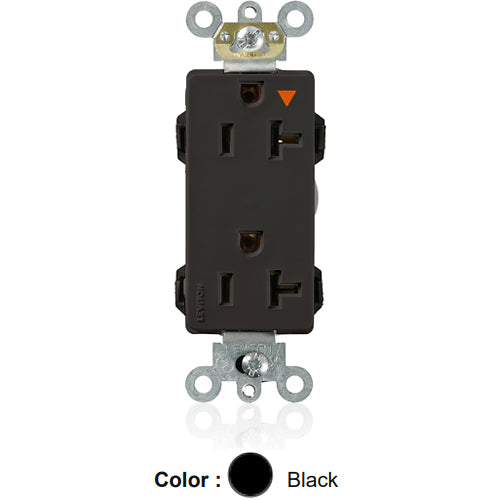 Leviton M1636-IGE, Lev-Lok Decora Plus Straight Blade Duplex Receptacle, Heavy-Duty Industrial Specification Grade, Isolated Ground, Smooth Face, 20A 125V, NEMA 5-20R, 2-Pole, 3-Wire, Modular Terminals, Black