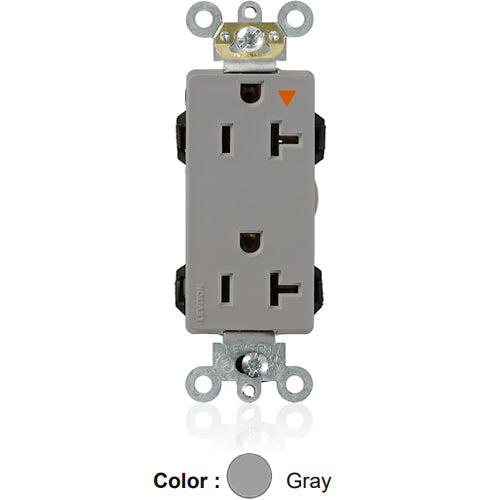 Leviton M1636-IGG, Lev-Lok Decora Plus Straight Blade Duplex Receptacle, Heavy-Duty Industrial Specification Grade, Isolated Ground, Smooth Face, 20A 125V, NEMA 5-20R, 2-Pole, 3-Wire, Modular Terminals, Gray