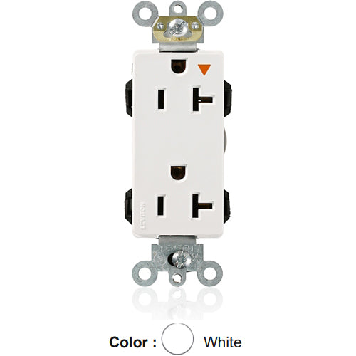 Leviton M1636-IGW, Lev-Lok Decora Plus Straight Blade Duplex Receptacle, Heavy-Duty Industrial Specification Grade, Isolated Ground, Smooth Face, 20A 125V, NEMA 5-20R, 2-Pole, 3-Wire, Modular Terminals, White