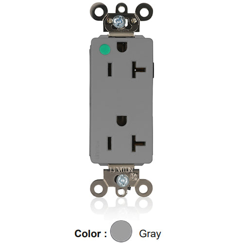 Leviton M1636-ILG, Lev-Lok Decora Plus Straight Blade Duplex Receptacle, Extra Heavy-Duty Hospital Grade, Illuminated, Smooth Face, 20A 125V, NEMA 5-20R, 2-Pole, 3-Wire, Modular Terminals, Gray
