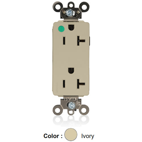 Leviton M1636-ILI, Lev-Lok Decora Plus Straight Blade Duplex Receptacle, Extra Heavy-Duty Hospital Grade, Illuminated, Smooth Face, 20A 125V, NEMA 5-20R, 2-Pole, 3-Wire, Modular Terminals, Ivory