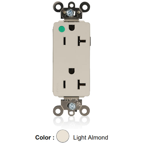 Leviton M1636-ILT, Lev-Lok Decora Plus Straight Blade Duplex Receptacle, Extra Heavy-Duty Hospital Grade, Illuminated, Smooth Face, 20A 125V, NEMA 5-20R, 2-Pole, 3-Wire, Modular Terminals, Light Almond