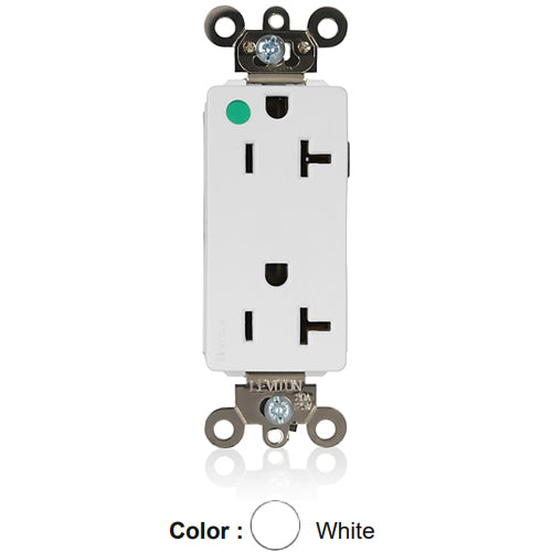 Leviton M1636-ILW, Lev-Lok Decora Plus Straight Blade Duplex Receptacle, Extra Heavy-Duty Hospital Grade, Illuminated, Smooth Face, 20A 125V, NEMA 5-20R, 2-Pole, 3-Wire, Modular Terminals, White
