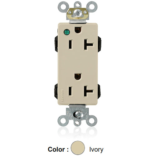 Leviton M1636-PLI, Lev-Lok Decora Plus Straight Blade Duplex Receptacle, Extra Heavy-Duty Hospital Grade, Power Indication, Smooth Face, 20A 125V, NEMA 5-20R, 2-Pole, 3-Wire, Modular Terminals, Ivory