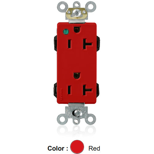 Leviton M1636-PLR, Lev-Lok Decora Plus Straight Blade Duplex Receptacle, Extra Heavy-Duty Hospital Grade, Power Indication, Smooth Face, 20A 125V, NEMA 5-20R, 2-Pole, 3-Wire, Modular Terminals, Red