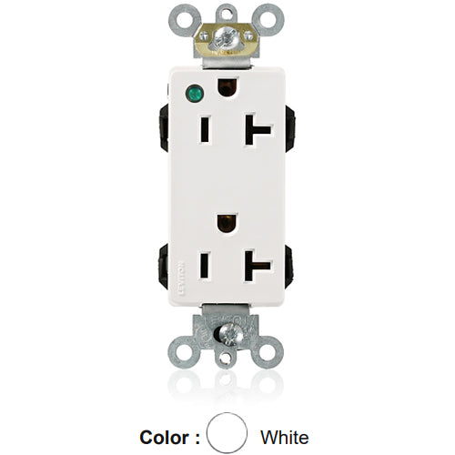 Leviton M1636-PLW, Lev-Lok Decora Plus Straight Blade Duplex Receptacle, Extra Heavy-Duty Hospital Grade, Power Indication, Smooth Face, 20A 125V, NEMA 5-20R, 2-Pole, 3-Wire, Modular Terminals, White