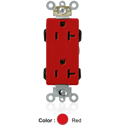 Leviton M1636-R, Lev-Lok Decora Plus Straight Blade Duplex Receptacle, Heavy-Duty Industrial Specification Grade, Smooth Face, 20A 125V, NEMA 5-20R, 2-Pole, 3-Wire, Modular Terminals, Red