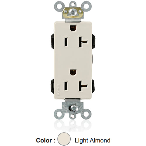 Leviton M1636-T, Lev-Lok Decora Plus Straight Blade Duplex Receptacle, Heavy-Duty Industrial Specification Grade, Smooth Face, 20A 125V, NEMA 5-20R, 2-Pole, 3-Wire, Modular Terminals, Light Almond