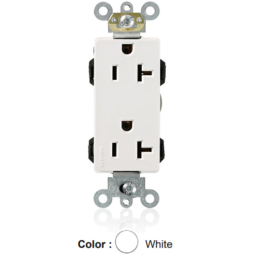 Leviton M1636-W, Lev-Lok Decora Plus Straight Blade Duplex Receptacle, Heavy-Duty Industrial Specification Grade, Smooth Face, 20A 125V, NEMA 5-20R, 2-Pole, 3-Wire, Modular Terminals, White