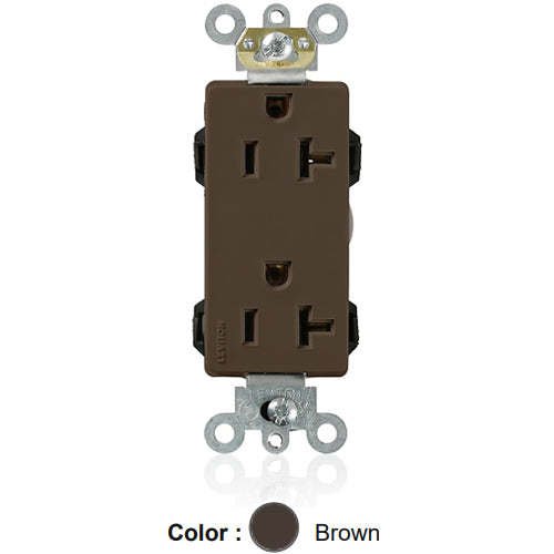 Leviton M1636, Lev-Lok Decora Plus Straight Blade Duplex Receptacle, Heavy-Duty Industrial Specification Grade, Smooth Face, 20A 125V, NEMA 5-20R, 2-Pole, 3-Wire, Modular Terminals, Brown