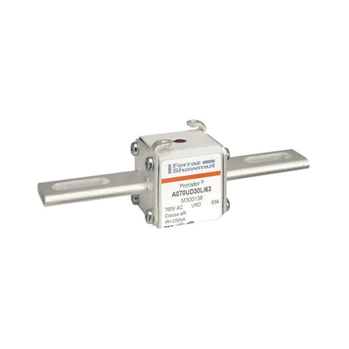 Mersen M300138, Square Body High-Speed Fuse, Fast Acting, Size 30 aR, 690/700VAC, 63A, With Striker Slotted Blades long