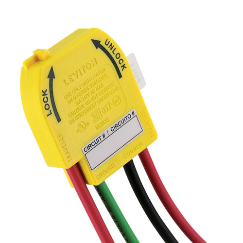Leviton M3WSW-ST, Wiring Module for Lev-Lok 3-Way Toggle Switches, 20 Amp, 347V AC Max, Stranded Wire Leads #12, Black-Red-Red-Green, 6'' Solid Wire Leads, Yellow