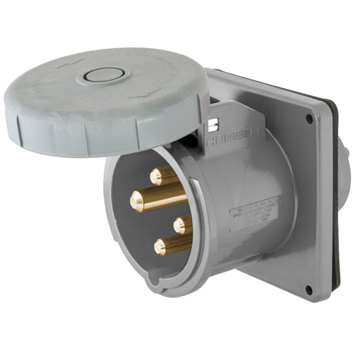 Hubbell M4100B12R, IEC Pin and Sleeve Devices, Reverse Service, Corrosion Resistant Watertight Flanged Inlet, 100A 125/250VAC, 3-Pole 4-Wire Grounding